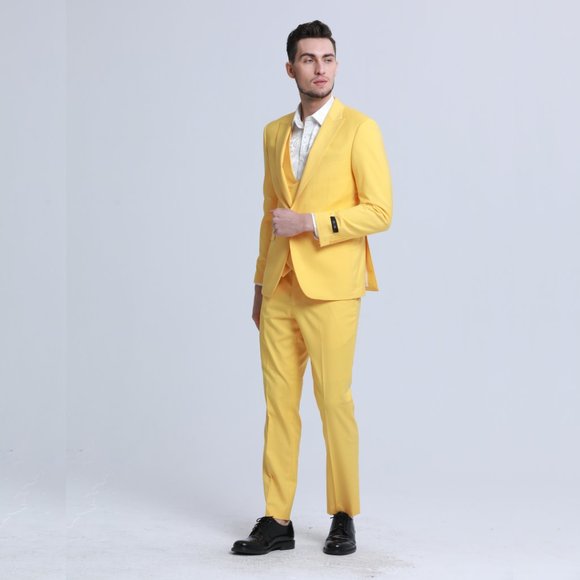 Men's Skinny-Fit 3-Piece Suit w/ Double-Breasted Vest, Yellow Canary - Picture 6 of 7